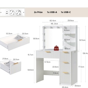 Masuta machiaj 92 cm, Alba sau Maro cu Oglinda LED si 4 Sertare pentru Cosmetice, Set Masa toaleta cu 2 Prize, USB si USB-C, masuta cosmetica, vanity cu Riflaj si Rafturi - SEM26 - Img 8