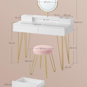 Masuta machiaj alba cu Oglinda LED si 2 Sertare pentru Cosmetice, Set Masa toaleta 80 cm sau 100 cm, masuta cosmetica cu Riflaj, vanity - SEA801 - Img 7