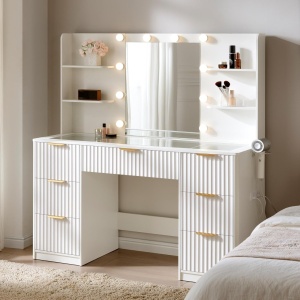 Masuta machiaj Alba sau Maro cu Oglinda LED si 7 Sertare pentru Cosmetice, Set Masa toaleta 120 cm, cu 2 Prize, USB si USB-C, masuta cosmetica, vanity cu Riflaj si Rafturi - SEM25 - Img 2