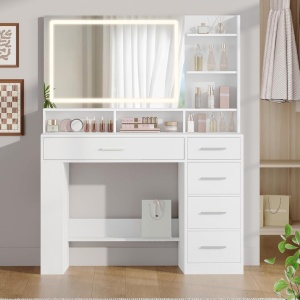 Masuta machiaj cu Oglinda HD LED si 5 Sertare pentru Cosmetice, Set Masa toaleta 108 cm, Alb, masuta cosmetica, vanity - SEA13 - Img 3