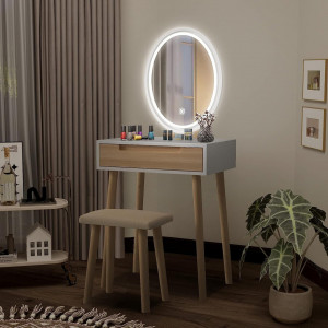 Masuta machiaj cu Oglinda LED si 1 Sertar pentru Cosmetice, Set Masa toaleta 60 cm, Alb, masuta cosmetica, vanity - SEM234 - Img 4