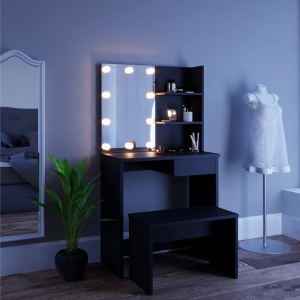 Masuta machiaj cu Oglinda LED si 1 Sertar pentru Cosmetice, Set Masa toaleta 75 cm, Negru, masuta cosmetica, vanity - SEN224 - Img 5