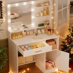 Masuta machiaj cu Oglinda LED si 1 Sertar pentru Cosmetice, Set Masa toaleta 80 cm, Alb / Negru / Gri, masuta cosmetica, vanity - SEG19 - Img 4