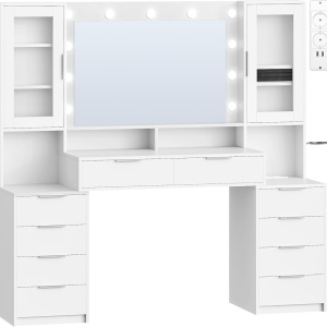 Masuta machiaj cu Oglinda LED si 10 Sertare pentru Cosmetice, Set Masa toaleta 150 cm, Alb, masuta cosmetica cu Priza si USB, vanity cu Suport Uscator de Par si Dulapior Bijuterii - SEA10 - Img 3