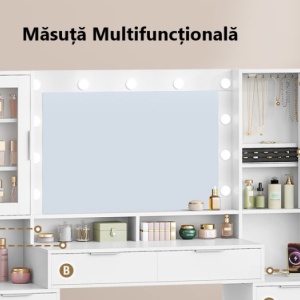 Masuta machiaj cu Oglinda LED si 10 Sertare pentru Cosmetice, Set Masa toaleta 150 cm, Alb, masuta cosmetica cu Priza si USB, vanity cu Suport Uscator de Par si Dulapior Bijuterii - SEA10 - Img 12