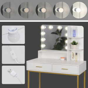 Masuta machiaj cu Oglinda LED si 2 Sertare pentru Cosmetice, Set Masa toaleta 90 cm, Alb, masuta cosmetica, vanity - SEA381 - Img 2