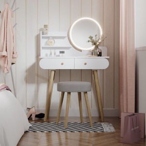 Masuta machiaj cu Oglinda LED si 2 Sertare pentru Cosmetice, Set Masa toaleta 80 cm, Alb, masuta cosmetica, vanity - SEA416