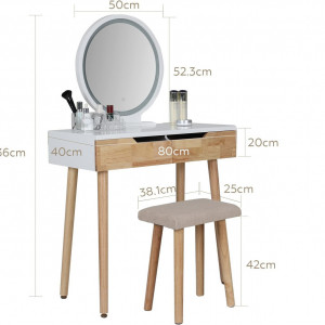 Masuta machiaj cu Oglinda LED si 2 Sertare pentru Cosmetice, Set Masa toaleta 80 cm, Alb, masuta cosmetica, vanity - SEA432 - Img 4