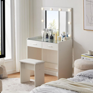 Masuta machiaj cu Oglinda LED si 2 Sertare pentru Cosmetice, Set Masa toaleta 80 cm, Alb, masuta cosmetica, vanity - SEA905