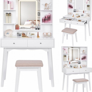 Masuta machiaj cu Oglinda LED si 2 Sertare pentru Cosmetice, Set Masa toaleta 80 cm, Alb, masuta cosmetica, vanity - SEA96 - Img 5