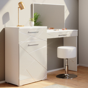 Masuta machiaj cu Oglinda LED si 2 Sertare pentru Cosmetice, Set Masa toaleta 135 cm, Alb Lucios, masuta cosmetica, vanity - SEA481 - Img 3