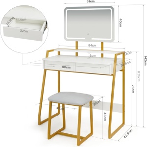 Masuta machiaj cu Oglinda LED si 2 Sertare pentru Cosmetice, Set Masa toaleta 80 cm, Alb, masuta cosmetica, vanity - SEA484 - Img 5