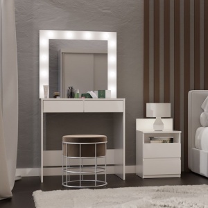 Masuta machiaj cu Oglinda LED si 2 Sertare pentru Cosmetice, Set Masa toaleta 80 cm, Alb, masuta cosmetica, vanity - SEA553