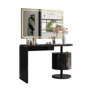 Masuta machiaj cu Oglinda LED si 2 Sertare pentru Cosmetice, Set Masa toaleta 120 cm, Negru, masuta cosmetica, vanity - SEN257 - Img 6