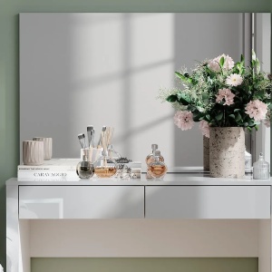 Masuta machiaj cu Oglinda LED si 2 Sertare pentru Cosmetice, Set Masa toaleta 110 cm, Alb Lucios, masuta cosmetica, vanity - SEA812 - Img 2