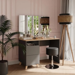 Masuta machiaj cu Oglinda LED si 2 Sertare pentru Cosmetice, Set Masa toaleta 110 cm, Gri, masuta cosmetica, vanity - SEG18 - Img 2