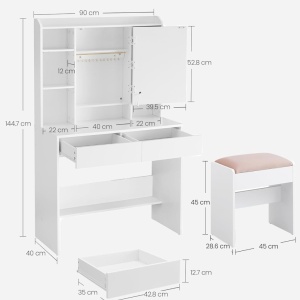 Masuta machiaj cu Oglinda LED si 2 Sertare pentru Cosmetice, Set Masa toaleta 90 cm, Alb, masuta cosmetica, vanity cu sau fara Priza, cu sau fara Scaun - SEA81 - Img 7