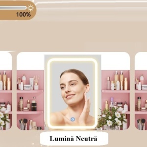Masuta machiaj cu Oglinda LED si 2 Sertare pentru Cosmetice, Set Masa toaleta 90 cm, Alb / Negru / Roz, masuta cosmetica, vanity - SER203 - Img 12
