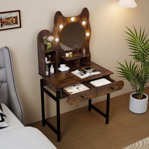 Masuta machiaj cu Oglinda LED si 2 Sertare pentru Cosmetice, Set Masa toaleta 80 cm, Alb / Maro, masuta cosmetica, vanity - SEA834 - Img 3
