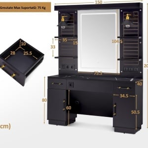 Masuta machiaj cu Oglinda LED si 2 Sertare pentru Cosmetice, Set Masa toaleta 150 cm, Negru / Maro, masuta cosmetica, vanity - SEN259 - Img 6