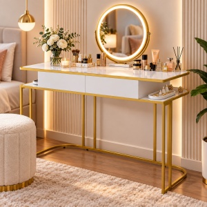 Masuta machiaj cu Oglinda LED si 2 Sertare pentru Cosmetice, Set Masa toaleta 110 cm, Alb, masuta cosmetica, vanity - SEA904