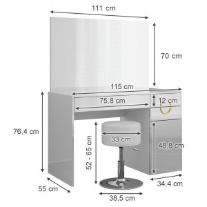 Masuta machiaj cu Oglinda LED si 3 Sertare pentru Cosmetice, Set Masa toaleta 115 cm, Alb Lucios, masuta cosmetica, vanity - SEA440 - Img 3