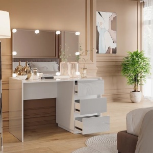 Masuta machiaj cu Oglinda LED si 3 Sertare pentru Cosmetice, Set Masa toaleta 120 cm, Alb Lucios, masuta cosmetica, vanity - SEA805 - Img 6