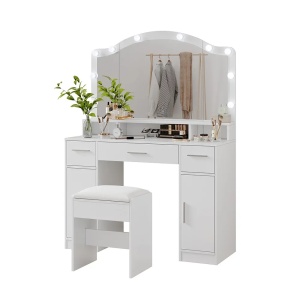 Masuta machiaj cu Oglinda LED si 3 Sertare pentru Cosmetice, Set Masa toaleta 110 cm, Alb, masuta cosmetica, vanity - SEA809 - Img 7