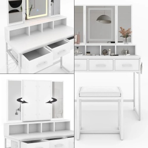 Masuta machiaj cu Oglinda LED si 3 Sertare pentru Cosmetice, Set Masa toaleta 90 cm, Alb, masuta cosmetica, vanity - SEA811 - Img 3