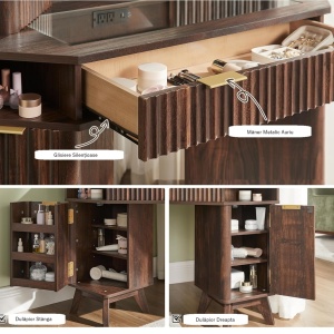 Masuta machiaj cu Oglinda LED si 3 Sertare pentru Cosmetice, Set Masa toaleta 122 cm, Maro, masuta cosmetica, vanity - SEM22 - Img 6