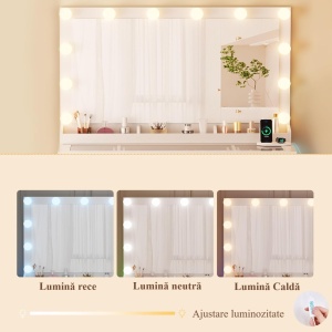 Masuta machiaj cu Oglinda LED si 3 Sertare pentru Cosmetice, Set Masa toaleta 110 cm, Alb, masuta cosmetica, vanity - SEA2 - Img 6