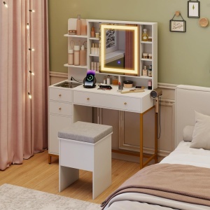Masuta machiaj cu Oglinda LED si 3 Sertare pentru Cosmetice, Set Masa toaleta 98 cm, Alb, masuta cosmetica, vanity - SEA828 - Img 2
