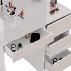 Masuta machiaj cu Oglinda LED si 4 Sertare pentru Cosmetice, Set Masa toaleta 90 cm, Alb Lucios, masuta cosmetica, vanity - SEA466 - Img 5