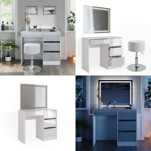 Masuta machiaj cu Oglinda LED si 4 Sertare pentru Cosmetice, Set Masa toaleta 90 cm, Alb Lucios, masuta cosmetica, vanity - SEA468 - Img 3