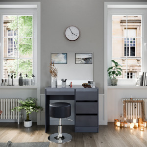 Masuta machiaj cu Oglinda LED si 4 Sertare pentru Cosmetice, Set Masa toaleta 90 cm, Gri, masuta cosmetica, vanity - SEG221 - Img 3