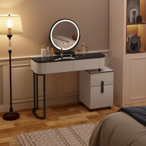 Masuta machiaj cu Oglinda LED si 4 Sertare pentru Cosmetice, Set Masa toaleta 100 cm, Alb, masuta cosmetica, vanity - SEA469