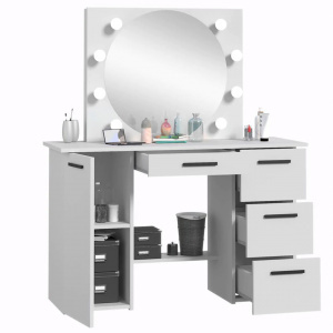 Masuta machiaj cu Oglinda LED si 4 Sertare pentru Cosmetice, Set Masa toaleta 120 cm, Alb, masuta cosmetica, vanity - SEA543 - Img 3