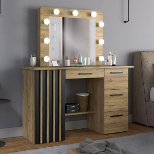 Masuta machiaj cu Oglinda LED si 4 Sertare pentru Cosmetice, Set Masa toaleta 120 cm, Stejar, masuta cosmetica, vanity - SEM517