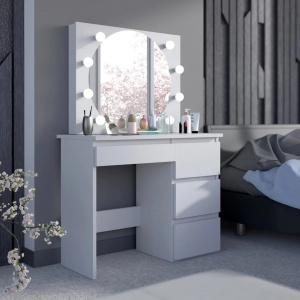 Masuta machiaj cu Oglinda LED si 4 Sertare pentru Cosmetice, Set Masa toaleta 94 cm, Alb, masuta cosmetica, vanity - SEA547 - Img 7