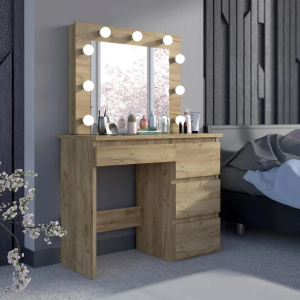 Masuta machiaj cu Oglinda LED si 4 Sertare pentru Cosmetice, Set Masa toaleta 94 cm, Stejar, masuta cosmetica, vanity - SEM526 - Img 6