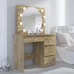 Masuta machiaj cu Oglinda LED si 4 Sertare pentru Cosmetice, Set Masa toaleta 94 cm, Stejar, masuta cosmetica, vanity - SEM528 - Img 7