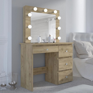 Masuta machiaj cu Oglinda LED si 4 Sertare pentru Cosmetice, Set Masa toaleta 94 cm, Stejar, masuta cosmetica, vanity - SEM530