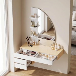 Masuta machiaj cu Oglinda LED si 4 Sertare pentru Cosmetice, Set Masa toaleta 106 cm, Alb - Maro, masuta cosmetica, vanity cu Riflaj si Rafturi - SEM247 - Img 6