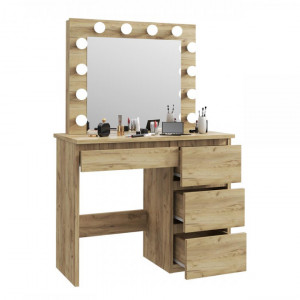 Masuta machiaj cu Oglinda LED si 4 Sertare pentru Cosmetice, Stejar, masuta cosmetica, vanity - SEM502 - Img 4