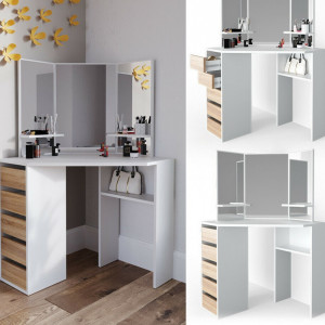 Masuta machiaj cu Oglinda LED si 5 Sertare pentru Cosmetice, Alb, masuta cosmetica, vanity - SEA274 - Img 3