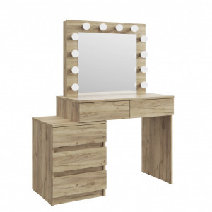 Masuta machiaj cu Oglinda LED si 5 Sertare pentru Cosmetice, Set Masa toaleta 112 cm, Stejar, masuta cosmetica, vanity - SEM510 - Img 3