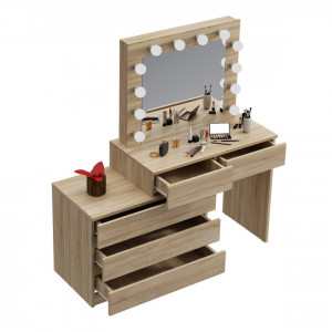 Masuta machiaj cu Oglinda LED si 5 Sertare pentru Cosmetice, Set Masa toaleta 130 cm, masuta cosmetica, vanity - SEM511 - Img 5