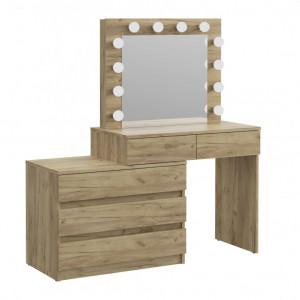 Masuta machiaj cu Oglinda LED si 5 Sertare pentru Cosmetice, Set Masa toaleta 130 cm, Stejar, masuta cosmetica, vanity - SEM512 - Img 7