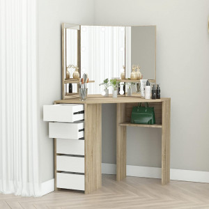 Masuta machiaj cu Oglinda LED si 5 Sertare pentru Cosmetice, Set Masa toaleta 110 cm, Alb, masuta cosmetica, vanity - SEM14 - Img 2