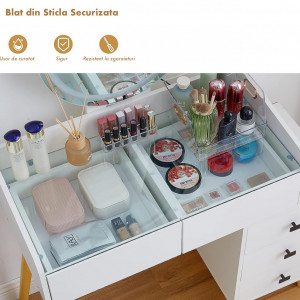 Masuta machiaj cu Oglinda LED si 5 Sertare pentru Cosmetice, Set Masa toaleta 116 cm, Alb, masuta cosmetica, vanity - SEA419 - Img 4